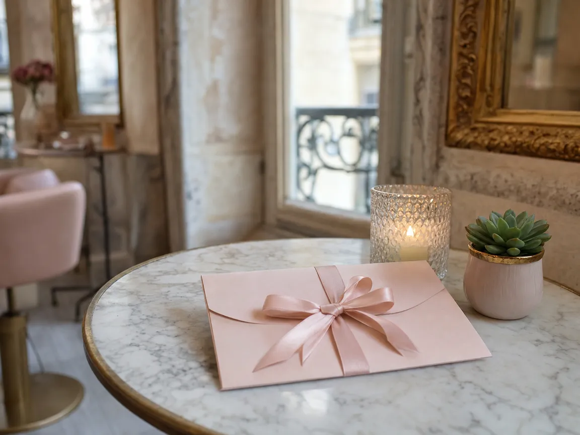 Enveloppe de carte cadeau rose avec un ruban sur une table en marbre