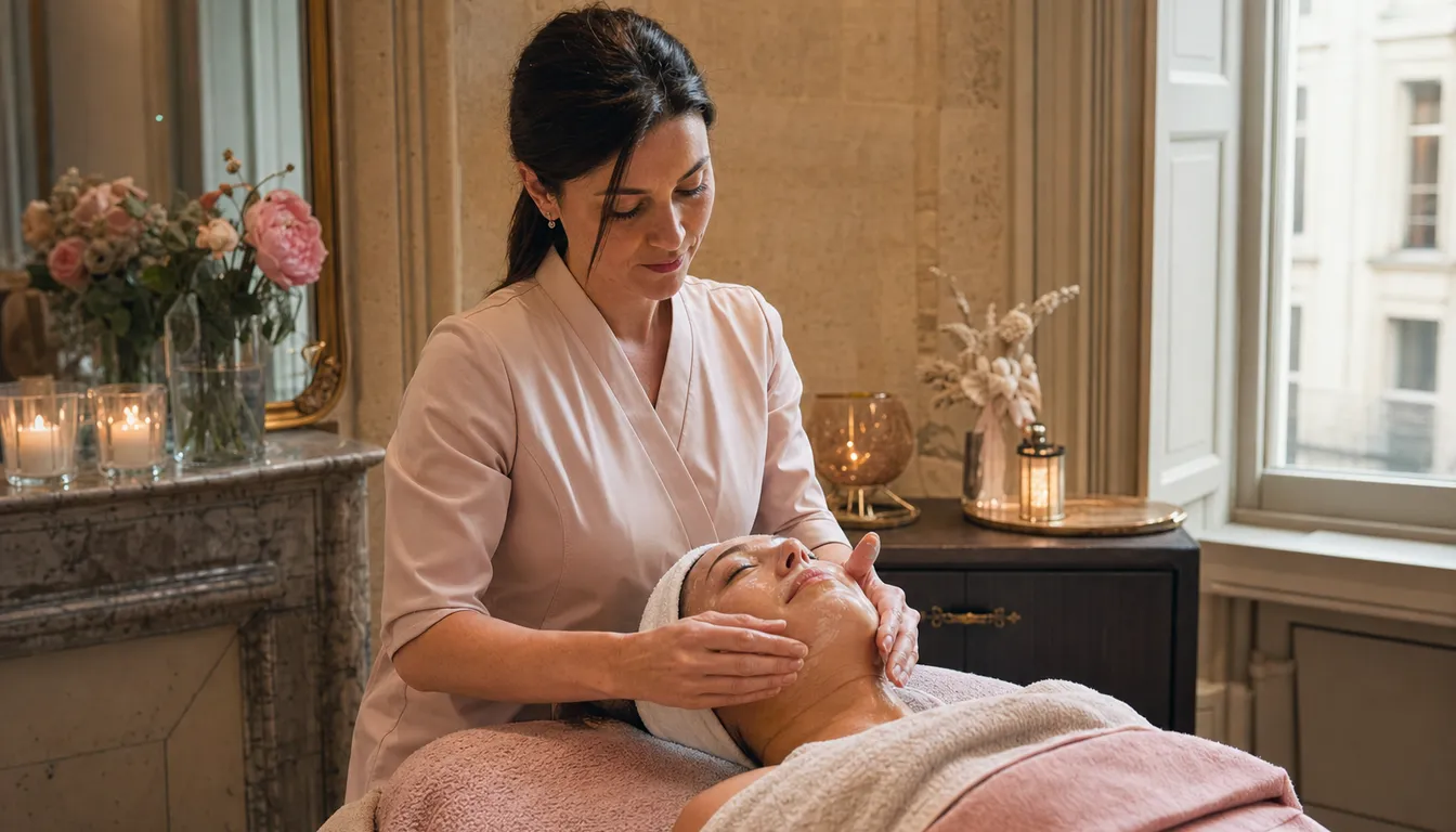 Une esthéticienne réalise un soin du visage relaxant dans une cabine lumineuse