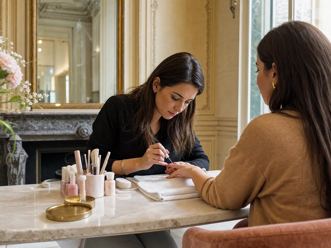 Pose de vernis rose nude sur une table en marbre