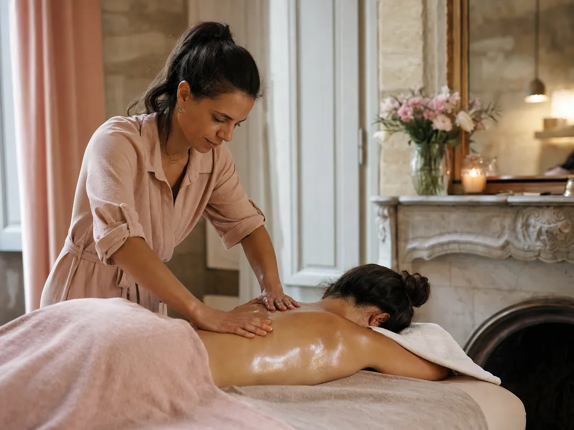 Massage du dos à l'huile chaude dans une cabine tamisée
